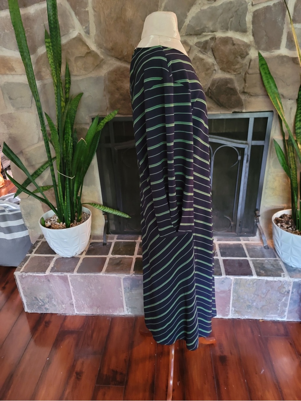 Nine West Navy Green Chevron Stripe Maxi Dress Size XL Long Sleeve Scoop Neck - Picture 9 of 11